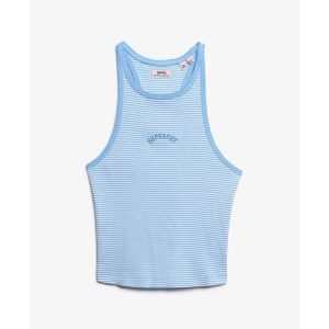 Tank top w paski z plecami w stylu sportowym i logo dla kobiet Superdry Essentia. Niebieskie topy Superdry, bez wzorów, sportowe, bez kołnierzyka, bez ramiączek. W wyprzedaży za 98,55 zł.
