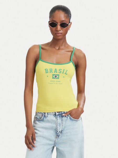 Guess Jeans Top W6YP20 K4202 Żółty Slim Fit. Żółte t-shirty Guess Jeans, m, z aplikacjami, z bawełny, bez kołnierzyka, bez ramiączek. Za 129,99 zł.