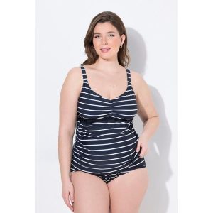 Damskie tankini Bellieva góra bez miękkich miseczek prążki. Niebieskie bikini Ulla Popken, bez wzorów, z elastanu. Za 179,99 zł.