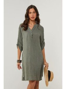 Le Monde du Lin Lniana sukienka w kolorze khaki rozmiar: 40/42. Brązowe sukienki Le Monde du Lin, bez wzorów, ze lnu, klasyczne, bez kołnierzyka, bez ramiączek, mini. Za 152,99 zł.