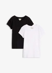 T-shirt z czystej bawełny organicznej (2 szt.). Czarne t-shirty bonprix, bez wzorów, z bawełny, bez kołnierzyka, bez ramiączek. Za 67,99 zł.