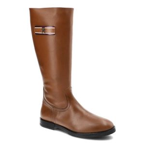 Brązowe Kozaki Damskie Tommy Hilfiger Eleganckie Skórzane Buty. Brązowe kozaki TOMMY HILFIGER, bez wzorów, ze skóry, bez obcasa, na płaskiej podeszwie, bez zapięcia. Za 689,00 zł.