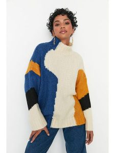 Trendyol Sweter w kolorze beżowo-niebiesko-żółtym rozmiar: L. Niebieskie swetry oversize Trendyol, l, bez wzorów, ze splotem, bez ramiączek. Za 92,21 zł.