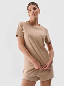 4F T-shirt regular gładki damski - beżowy XL. Brązowe t-shirty 4f, xl, bez wzorów, z bawełny, bez kołnierzyka, bez ramiączek. Za 49,99 zł.