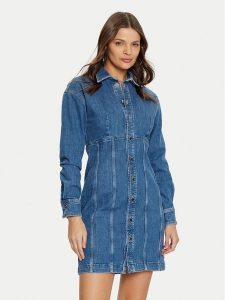 Guess Sukienka jeansowa W5RK99 D4H71 Niebieski Regular Fit. Niebieskie kombinezony Guess, xl, z aplikacjami, z bawełny, bez kołnierzyka, bez ramiączek. Za 399,99 zł.
