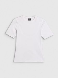 4F T-shirt slim gładki damski - biały S. Białe t-shirty 4f, s, bez wzorów, z materiału, bez kołnierzyka, bez ramiączek. Za 59,99 zł.