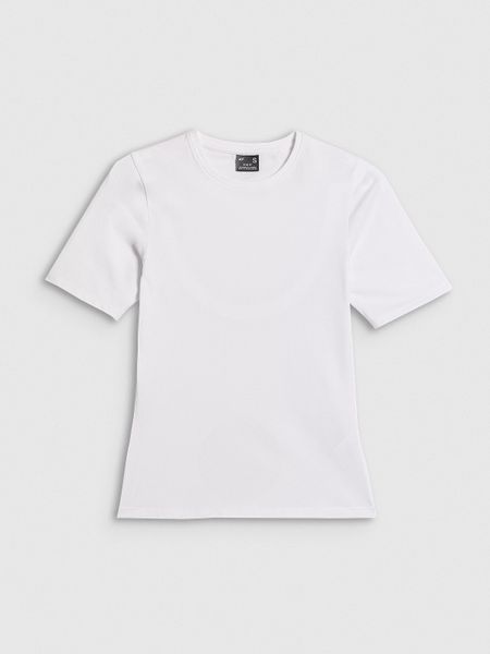 4F T-shirt slim gładki damski - biały S. Białe t-shirty 4f, s, bez wzorów, z materiału, bez kołnierzyka, bez ramiączek. W wyprzedaży za 39,99 zł.