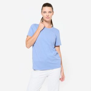 Koszulka damska Domyos Gym & Pilates. Niebieskie bluzki DOMYOS, xl, bez wzorów, z bawełny, sportowe, bez kołnierzyka, bez ramiączek. Za 39,99 zł.