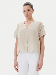ICONA Bluzka RP5LE004 Beżowy Relaxed Fit. Brązowe bluzki ICONA, bez wzorów, ze lnu, bez kołnierzyka, bez ramiączek. Za 389,99 zł.