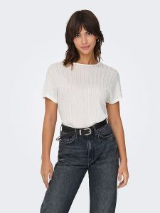 ONLY Koszulka "Rina" w kolorze białym rozmiar: XL. Białe bluzki ONLY, xl, bez wzorów, prążkowane, bez kołnierzyka, bez ramiączek. Za 48,39 zł.