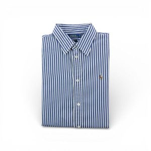 Klasyczna damska koszula w paski. Niebieskie koszule Ralph Lauren, bez wzorów, bez kołnierzyka, bez ramiączek. Za 170,36 zł.