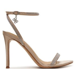 Sandały Guess. Brązowe sandały Guess, z aplikacjami, bez obcasa, na szpilce, bez zapięcia. Za 559,99 zł.