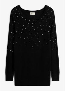 Długi sweter ze strasami. Czarne swetry oversize bonprix, bez wzorów, z materiału, bez ramiączek. Za 124,99 zł.
