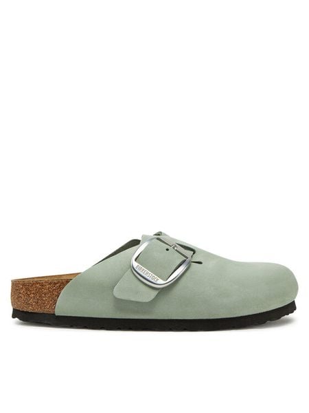 Birkenstock Klapki Boston Big Buckle 1029303 Zielony. Zielone klapki Birkenstock, bez wzorów, z nubiku, bez obcasa. Za 499,99 zł.