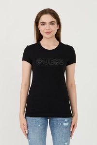 GUESS Czarny t-shirt Sangallo Tee. Czarne t-shirty Guess, s, z aplikacjami, bez kołnierzyka, bez ramiączek. W wyprzedaży za 166,99 zł.