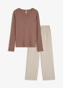 Piżama: bluza z prążkowanej dzianiny i spodnie z tkaniny. Brązowe komplety bielizny bonprix, bez wzorów, z dzianiny. Za 129,99 zł.