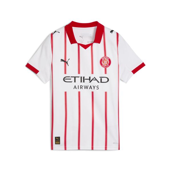 Młodzieżowa koszulka domowa Girona FC 25/26 PUMA. Biała bluzki Puma, l, bez wzorów, klasyczne, bez kołnierzyka, bez ramiączek. Za 339,00 zł.