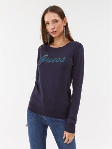 Guess Sweter W3BR22 Z2NQ2 Granatowy Slim Fit. Niebieskie swetry klasyczne Guess, xs, z wiskozy, bez kołnierzyka. Za 209,99 zł.