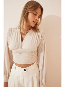 Happiness Istanbul Bluzka w kolorze kremowym rozmiar: 38. Brązowe bluzki Happiness Istanbul, bez wzorów, bez kołnierzyka, bez ramiączek. Za 60,99 zł.