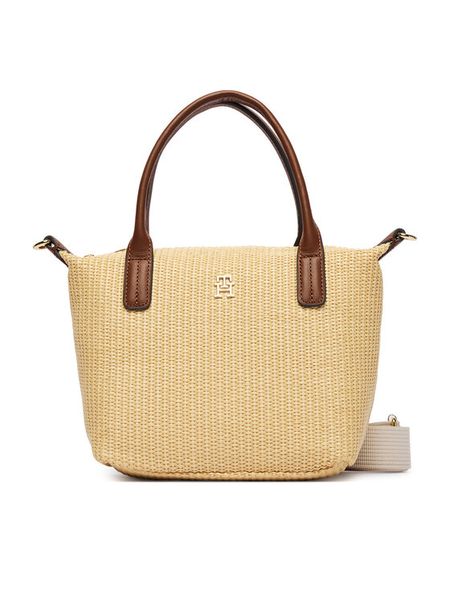 Tommy Hilfiger Torebka Popette Mini Tote Raffia AW0AW18523 Beżowy. Brązowe torebki klasyczne TOMMY HILFIGER, bez wzorów, z syntetyku, bez dodatków. Za 449,99 zł.