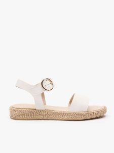 Białe sandały na sprzączkę. Białe sandały Ryłko, bez wzorów, z syntetyku, z okrągłym noskiem, bez obcasa, na obcasie, bez zapięcia. Za 279,99 zł.