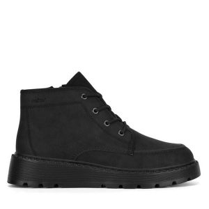 Trzewiki Rieker. Czarne botki Rieker, bez wzorów, bez obcasa, na płaskiej podeszwie, bez zapięcia. Za 335,00 zł.