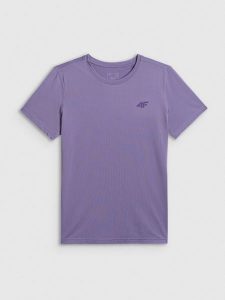 4F Koszulka treningowa regular szybkoschnąca damska - fioletowa XL. Fioletowe bluzki 4f, xl, bez wzorów, bez kołnierzyka, bez ramiączek. Za 79,99 zł.