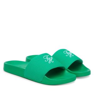 Klapki Tommy Hilfiger. Zielone klapki TOMMY HILFIGER, bez wzorów, bez obcasa. Za 169,99 zł.