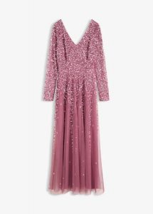 Wieczorowa sukienka maxi z cekinami. Fioletowe sukienki bonprix, bez wzorów, eleganckie, bez kołnierzyka, bez ramiączek, maxi. Za 399,99 zł.