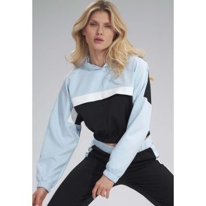 Dwukolorowa Krótka Bluza z Kapturem - Czarno-Niebieska. Czarne bluzy Figl, xl, bez wzorów, z elastanu, z kapturem. Za 189,00 zł.