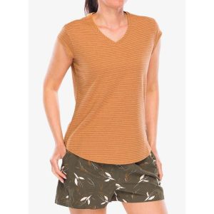 Koszulka turystyczna damska Royal Robbins Vacationer V-Neck SS. Brązowe koszulki sportowe ROYAL ROBBINS, bez wzorów, bez ramiączek. Za 197,99 zł.