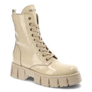 Botki damskie Chebello, cholewka z lakierowanej skóry naturalnej z wysoką cholewką i sznurowaniem masywna podeszwa o wyraźnych krawędziach , beżowe,. Brązowe botki CheBello, bez wzorów, ze skóry, przed kolano, bez obcasa, bez zapięcia. Za 339,00 zł.