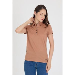 Koszulka Polo Damska 100% Merino Woolona. Brązowe bluzki WOOLONA, bez wzorów, bez kołnierzyka, bez ramiączek. W wyprzedaży za 288,00 zł.