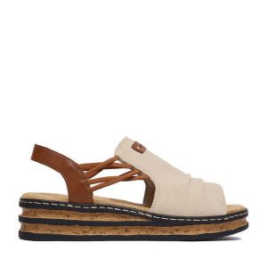 Sandały Rieker. Brązowe sandały Rieker, bez wzorów, bez obcasa, na koturnie, bez zapięcia. Za 299,99 zł.