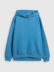 4F Bluza dresowa loose z kapturem damska - niebieska M. Niebieskie bluzy 4f, m, bez wzorów, z dresówki, z kapturem. Za 199,99 zł.