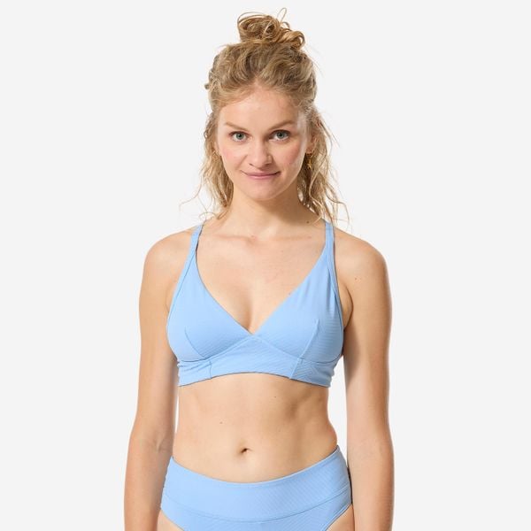 Góra kostiumu kąpielowego surfingowego damska Decathlon Bea Venice. Niebieskie bikini DECATHLON, bez wzorów, z materiału. Za 99,99 zł.
