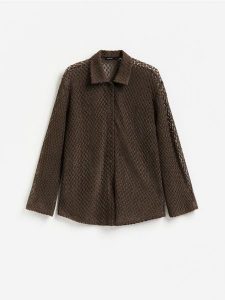 Ażurowa koszula - ciemnobrązowy. Brązowe koszule Reserved, l, w ażurowe wzory, z bawełny, bez kołnierzyka, bez ramiączek. Za 119,99 zł.