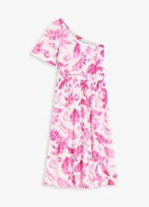 Sukienka one-shoulder ze strukturalnej wiskozy z nadrukiem. Białe sukienki bonprix, bez wzorów, z wiskozy, bez kołnierzyka, bez ramiączek, midi. Za 37,99 zł.