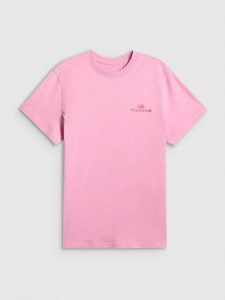 4F T-shirt loose z nadrukiem damski - różowy L. Czerwone t-shirty 4f, l, bez wzorów, z bawełny, bez kołnierzyka, bez ramiączek. Za 69,99 zł.