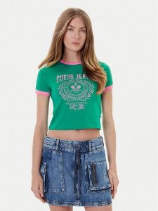 Guess Jeans T-Shirt W5YI03 J1314 Zielony Regular Fit. Zielone t-shirty Guess Jeans, s, z aplikacjami, z bawełny, bez kołnierzyka, bez ramiączek. Za 109,99 zł.
