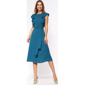 Sukienka midi z paskiem - Lazurowa. Niebieskie sukienki Nife, l, bez wzorów, z elastanu, bez kołnierzyka, bez ramiączek, midi, rozkloszowane. Za 248,90 zł.