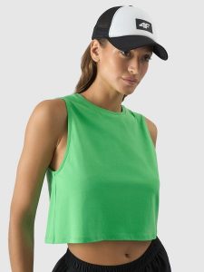 4F Crop-top oversize gładki damski - zielony L. Zielone topy 4f, l, bez wzorów, z bawełny, sportowe, bez kołnierzyka, bez ramiączek. W wyprzedaży za 29,99 zł.