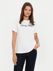 Tommy Hilfiger T-Shirt Script WW0WW43459 Écru Regular Fit. T-shirty TOMMY HILFIGER, s, bez wzorów, z bawełny, bez kołnierzyka, bez ramiączek. Za 119,99 zł.