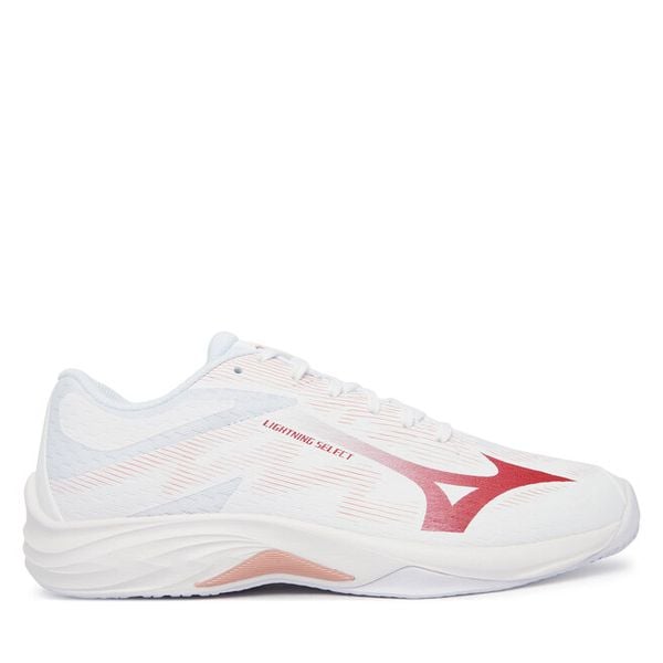 Buty halowe Mizuno. Białe buty sportowe Mizuno, bez wzorów, bez zapięcia. Za 379,99 zł.