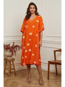 La Compagnie Du Lin Lniana sukienka "Iloula" w kolorze pomarańczowym rozmiar: XXL. Pomarańczowe sukienki La Compagnie Du Lin, xxl, bez wzorów, ze lnu, bez kołnierzyka, bez ramiączek, midi. Za 259,95 zł.