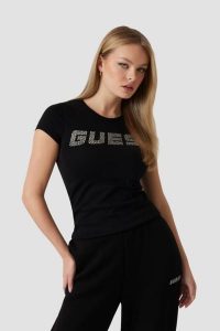 GUESS Czarny damski t-shirt Kiara, Rozmiar L. Czarne t-shirty Guess, l, z aplikacjami, bez kołnierzyka, bez ramiączek. W wyprzedaży za 109,99 zł.