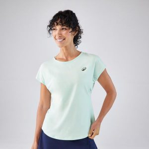 Koszulka tenisowa z okrągłym dekoltem damska Artengo Dry. Niebieskie bluzki KUIKMA, m, bez wzorów, z elastanu, sportowe, bez kołnierzyka, bez ramiączek. Za 59,99 zł.