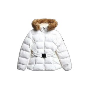 Damska kurtka puchowa Superdry. Białe kurtki Superdry, bez wzorów, z puchu, bez kaptura. W wyprzedaży za 585,70 zł.