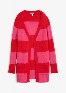 Długi sweter rozpinany. Czerwone długie swetry bonprix, bez kołnierzyka. Za 149,99 zł.