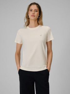 4F T-shirt regular gładki damski - kremowy L. Brązowe t-shirty 4f, l, bez wzorów, z bawełny, bez kołnierzyka, bez ramiączek. Za 49,99 zł.